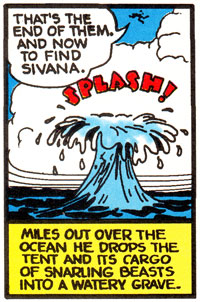 Captain Marvel drops a bag of snarling beasts in the ocean in Whiz Comics #6 (Jul 1940)