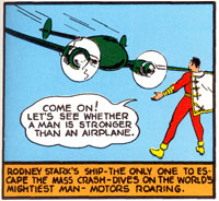 Captain Marvel prepares to let a plane crash into his chest while floating in mid-air in Whiz Comics #7 (Aug 1940)