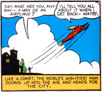 Captain Marvel flies away while being compared to an airplane in Whiz Comics #9 (Oct 1940)